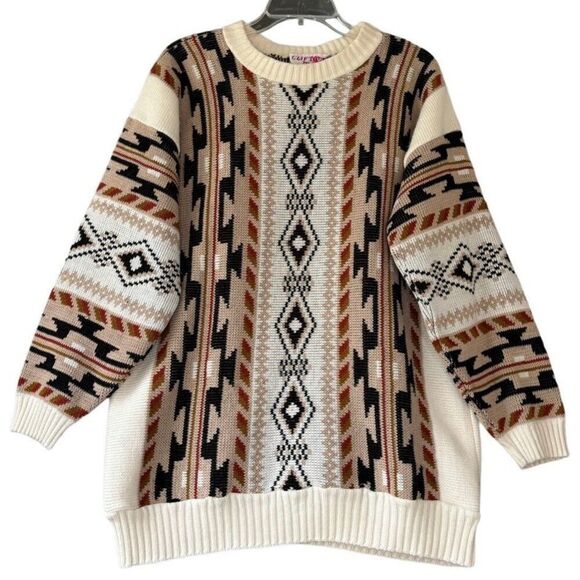 Vintage CLIFTON PLACE Brown Tan Slouchy Grandpa Southwestern Knit Sweater Sz L - Picture 1 of 8